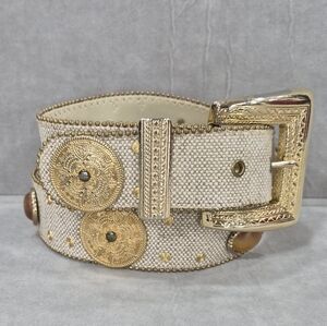 Elite Boho chunky belt women's medium beige woven canvas gold amber medallions